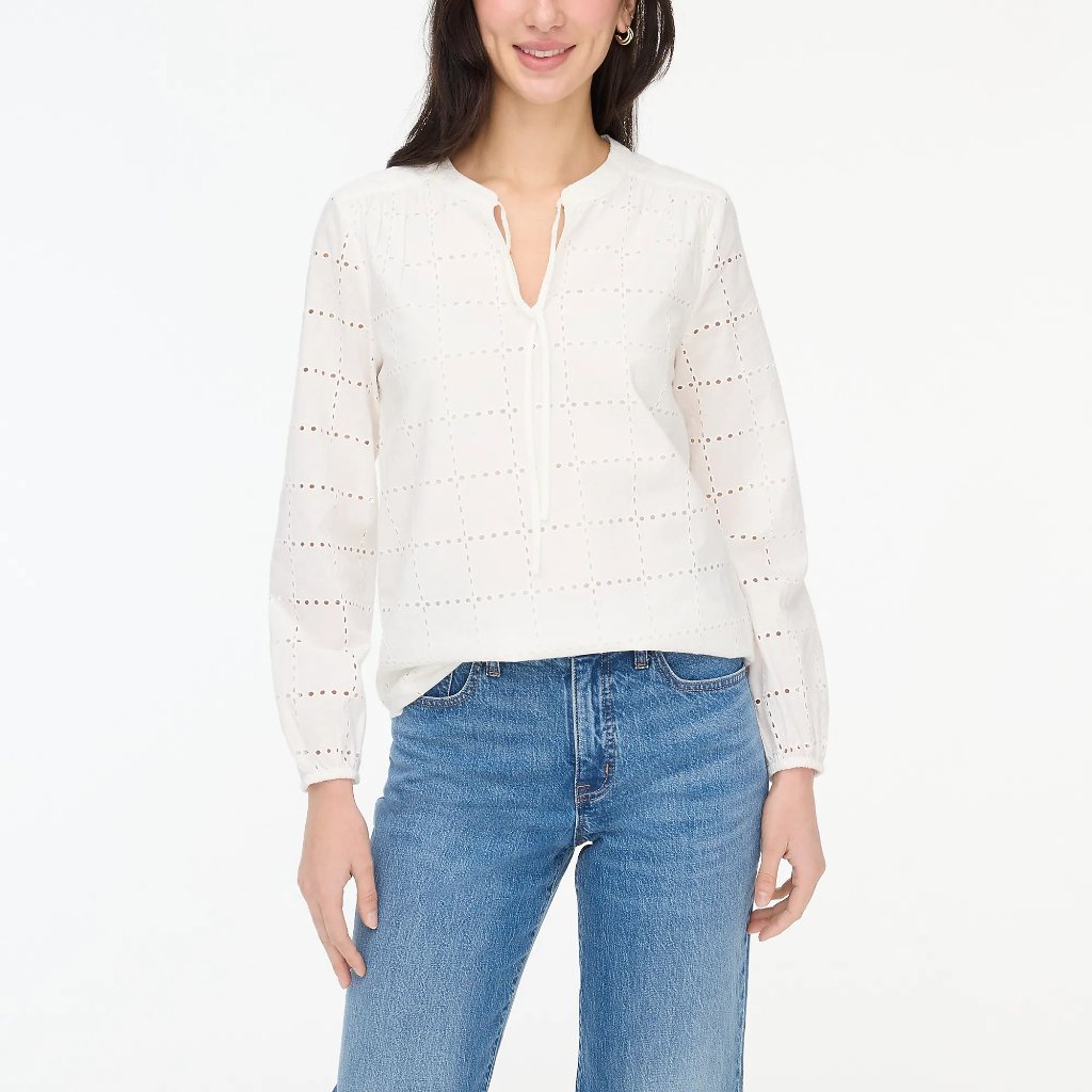 J.Crew Long Sleeve Eyelet Tie Neck Top In White, Size Xxl